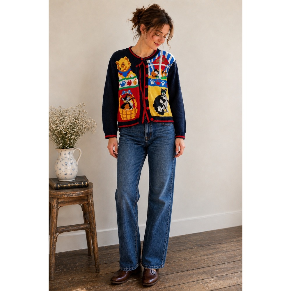 Alexandra Bartlett Cat Cardigan L Navy Ramie Cotton Knit Graphic Grandmacore